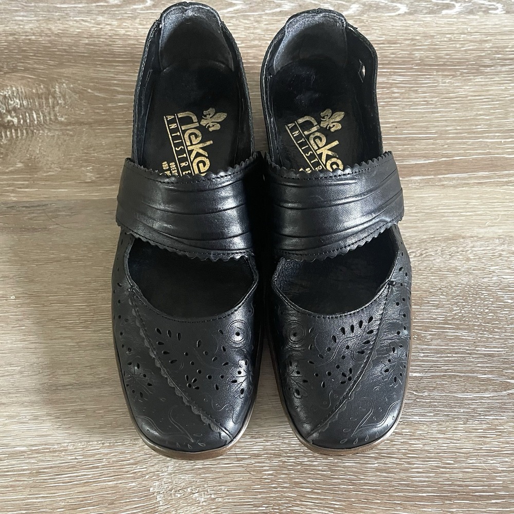 Rieker Women's Black ‎ Mary Jane Shoes Antistress Size 37 US 6 Cut Outs Strap